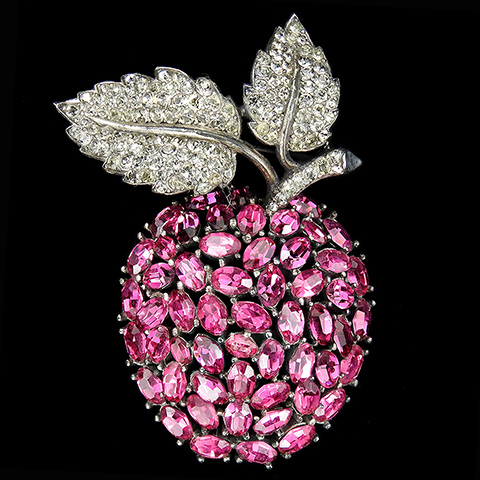 Trifari 'Alfred Philippe' Fuchsia Ruby Pendant Apple and Black Diamond Leaves Pin