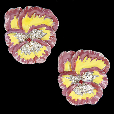 Trifari 'Alfred Philippe' 'Rue de la Paix' Pale Violet and Yellow Pansy Clip Earrings