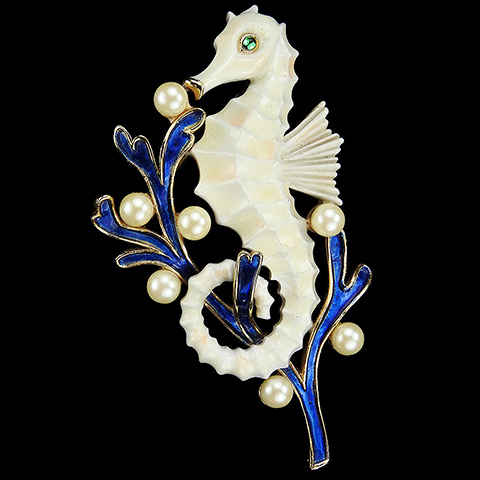 Trifari 'Alfred Philippe' Gold and Enamel Blue Coral and Pearls White Seahorse Pin