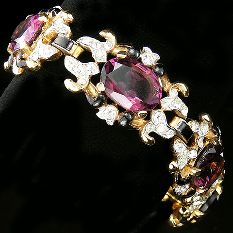 Trifari 'Alfred Philippe' 'Empress' Gold Amethyst and Black Enamel Pave Scrolls Six Link Bracelet