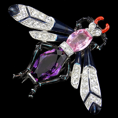 Trifari 'Alfred Philippe' Amethyst and Pink Topaz Pave and Enamel Bug Pin Clip