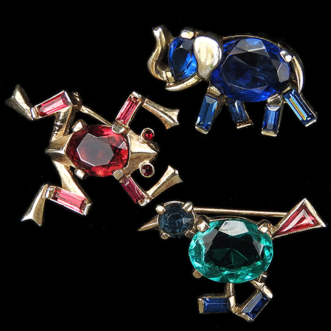 Trifari 'Alfred Philippe' Ruby Frog, Emerald Walking Bird, and Sapphire Elephant Set of 3 Miniature Scatter Pins