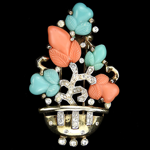 Trifari 'Alfred Philippe' 'Fragonard' Gold Pave and Spangles Coral Jade and Turquoise Fruit Salad Flower Basket Pin Clip