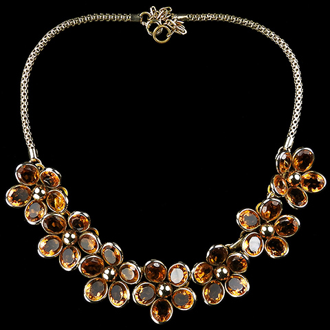 Trifari 'Alfred Philippe' Gold and Oval Cut Citrine Petals Seven Flowers Choker Necklace