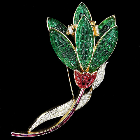 Trifari 'Alfred Philippe' Pave Invisibly Set Emeralds and Rubies Large Tulip Flower Pin