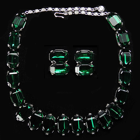 Trifari 'Alfred Philippe' Vertical and Horizontal Set Kite Cut Emeralds Necklace and Clip Earrings Set