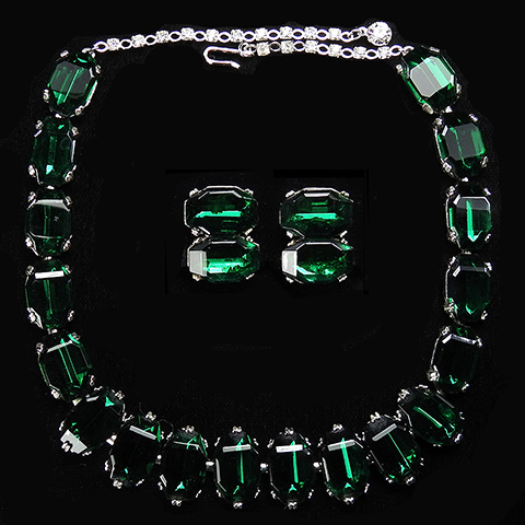 Trifari 'Alfred Philippe' Vertical and Horizontal Set Kite Cut Emeralds Necklace and Clip Earrings Set