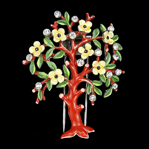 Trifari 'Alfred Philippe' Red and Green Enamel Flowering Tree of Life Pin Clip