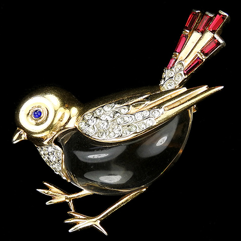 Trifari Sterling 'Alfred Philippe' Pave and Ruby Baguettes Jelly Belly Sparrow Bird Pin