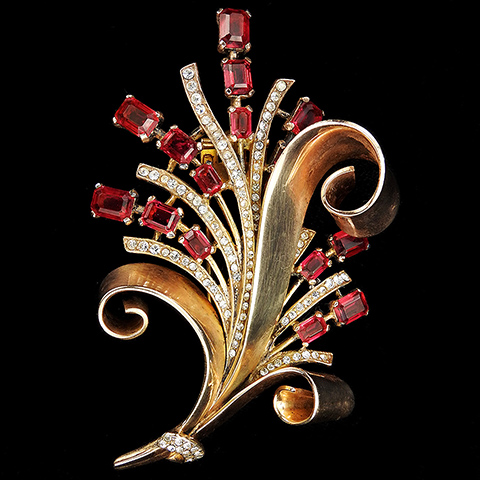 Trifari Sterling 'Alfred Philippe' Gold Pave and Ruby Floral Spray Bow Swirls Pin Clip