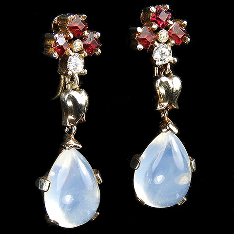 Trifari 'Alfred Philippe' 'Clair de Lune' Ruby Spangles and Teardrop Moonstone Pendant Clip Earrings