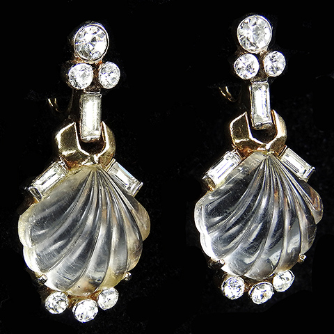Trifari 'Alfred Philippe' Gold and Spangles Jelly Belly 'Moonshell' Seashell Pendant Screwback Earrings