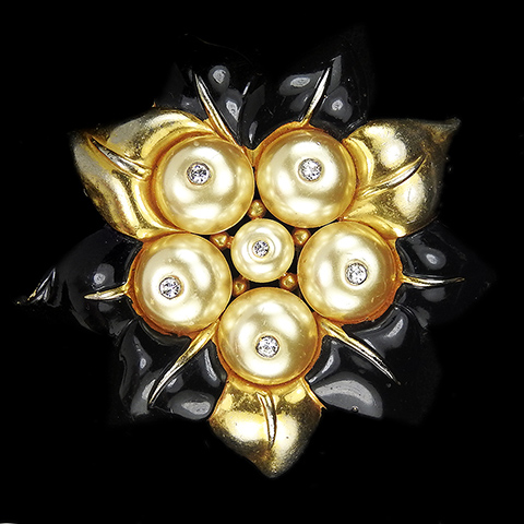 Trifari 'Alfred Philippe' Gold Black Enamel and Pearl Shoebuttons Flowering Fruit Pin Clip