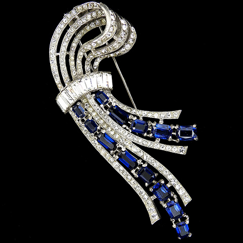 Trifari Sterling 'Alfred Philippe' Pave and Baguettes Sapphire Bow Swirl Pin Clip