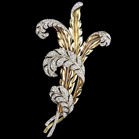 Trifari 'Alfred Philippe' Giant Pave Yellow and Rose Gold Multiple Feather or Leaf Spray Pin