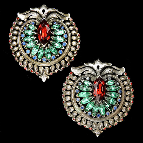 KTF Trifari 'Alfred Philippe' 1930s Jewels of India Ruby Emerald and Sapphire Shield Crest Pair of Dress Clips