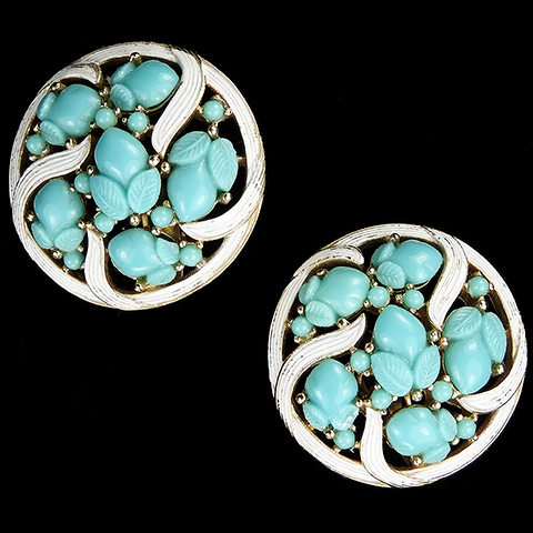 Trifari 'Alfred Philippe' 'Printemps' Gold and White Enamel Swirls and Six Turquoise Fruit Salads Button Clip Earrings