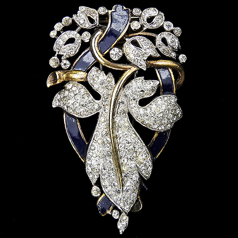 Trifari 'Alfred Philippe' Empress Eugenie Gold Pave and Blue Enamel Flowers and Large Leaf Swirl Pin Clip
