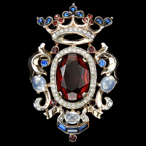 Trifari Sterling 'Alfred Philippe' Regal Crown and Ruby Shield Heraldic Crest Pin