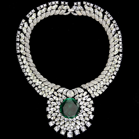 Trifari 'Alfred Philippe' 'Majesty' Giant Pave Navettes and Diamond Cut Emerald Collar Necklace