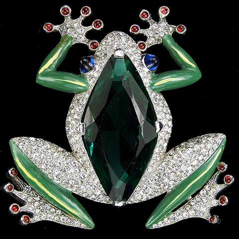 Trifari 'Alfred Philippe' Pave Enamel and Ruby Cabochons Large Emerald Bellied Tree Frog Pin Clip