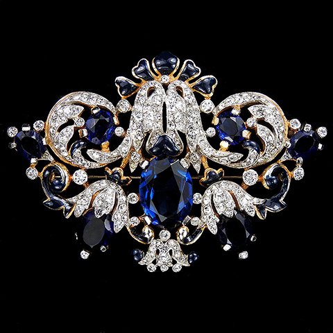 Trifari 'Alfred Philippe' Pave Sapphires and Blue Enamel 'Empress' Series Flower Scrolls Bar Pin