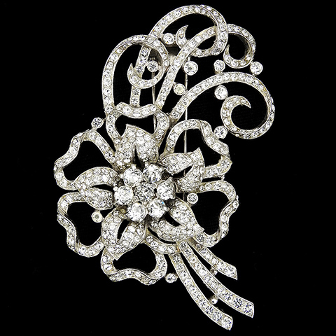 Trifari 'Alfred Philippe' Pave Openwork Floral Spray with Bows Flower Pin Clip