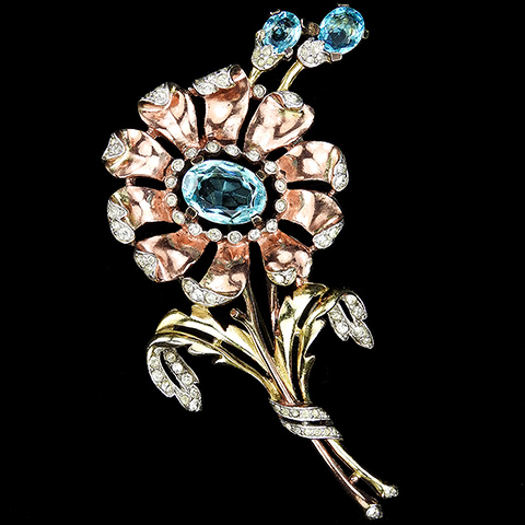Trifari 'Alfred Philippe' Pave and Two Colour Gold Aquamarine Daisy with Shoots Flower Pin