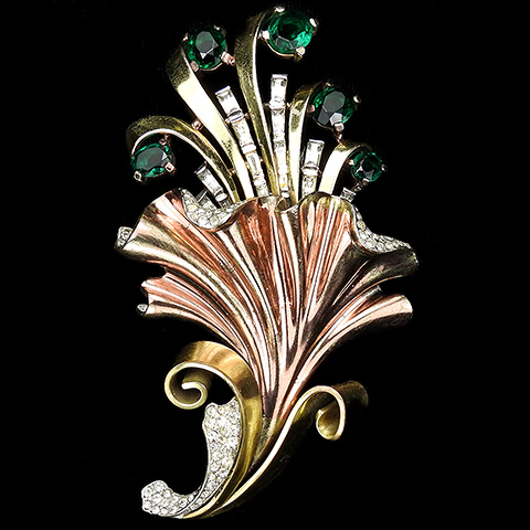 Trifari 'Alfred Philippe' Yellow and Rose Gold with Diamante Baguettes and Emeralds Giant Floral Spray Pin