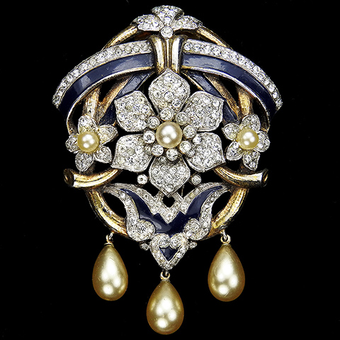 Trifari 'Alfred Philippe' Empress Eugenie Gold Pave Blue Enamel and Pearls Triple Pendant Flower Bow Swirl Pin Clip