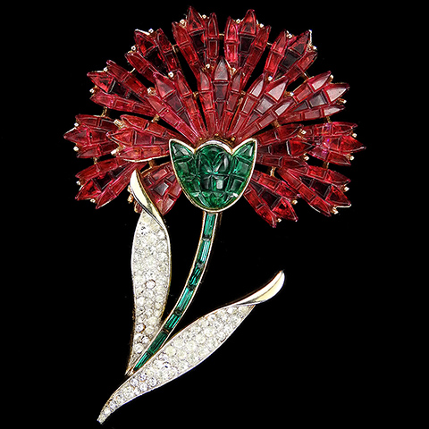 Trifari 'Alfred Philippe' Gold Pave and Invisibly Set Rubies and Emeralds Red Carnation Flower Pin