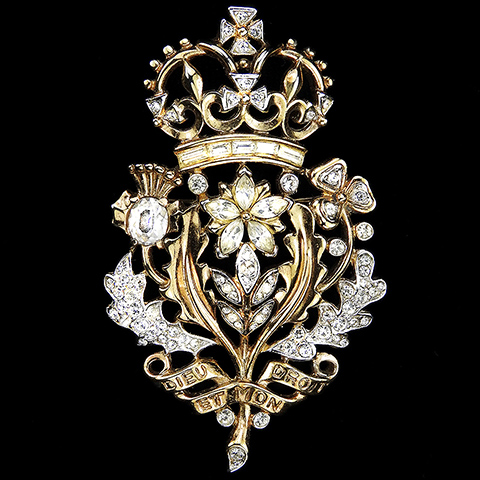 Trifari 'Alfred Philippe' United Kingdom Crown Rose Shamrock and Thistle Dieu et Mon Droit British Patriotic Heraldic Badge Pin