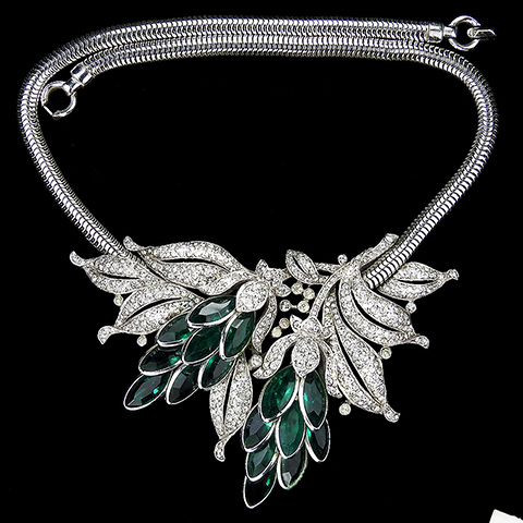 Trifari 'Alfred Philippe' Giant Pave Leaves and Emerald Double Lotus Flowers Floral Spray Flower Necklace