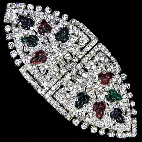 KTF Trifari 'Alfred Philippe' Openwork Pave Shields and Tricolour Fruit Salads Pair of Dress Clips or Clipmate Pin