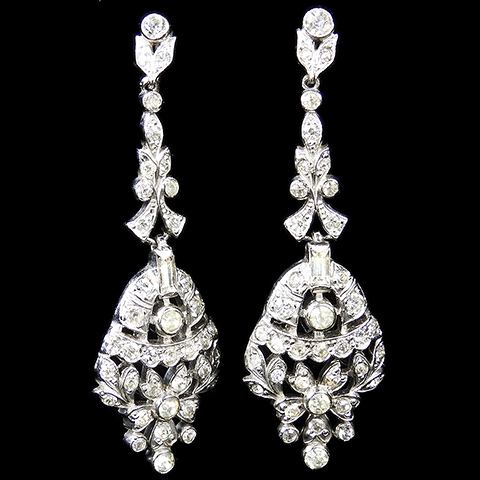 KTF Trifari 'Alfred Philippe' Pave Hanging Flower Basket Pendant Screwback Earrings