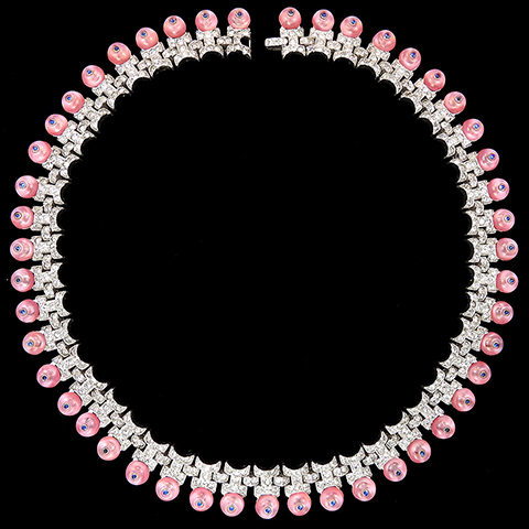 KTF Trifari 'Alfred Philippe' Pave Pink Moonstone Shoebuttons and Sapphire Spangles Collar Necklace