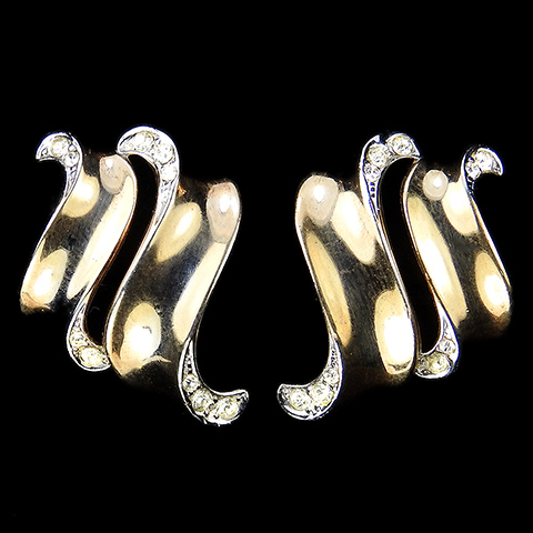 Trifari 'Alfred Philippe' Double Gold and Pave Swirls Clip Earrings