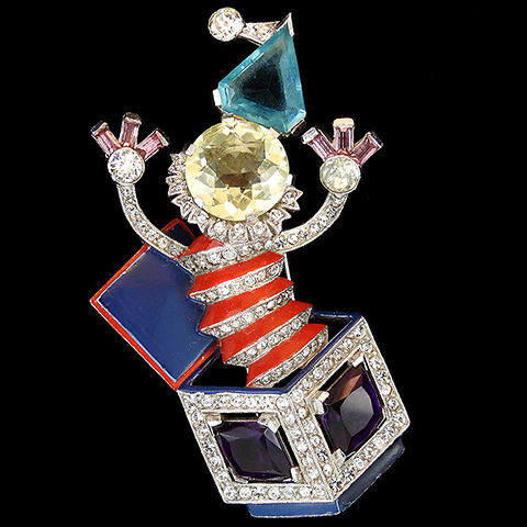 Trifari 'Alfred Philippe' Pave Enamel and Multicolour Gems Jack in the Box Pin Clip