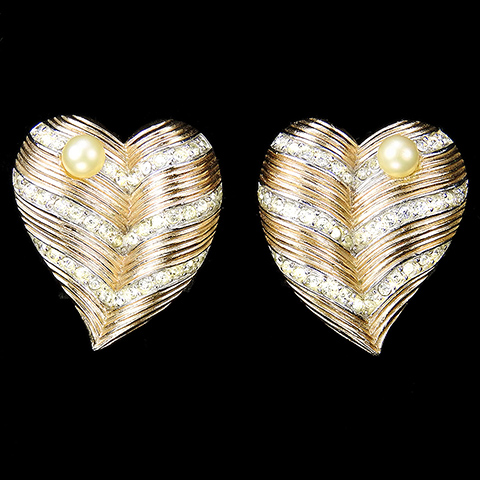 Trifari Gold and Pave Banded Heart with Pearls Clip Earrings