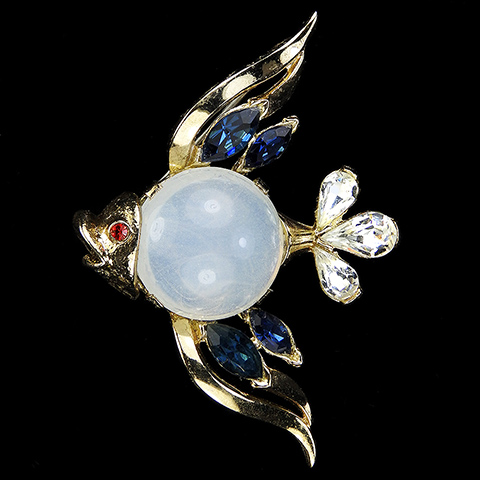 Trifari 'Alfred Philippe' Gold Sapphires and Moonstone Cabochon Angelfish Fish Pin