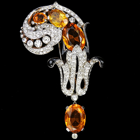 Trifari 'Alfred Philippe' 'Empress' Gold Pave Enamel and Oval Cut Citrines Left Curling Swirl with Pendant Pin Clip