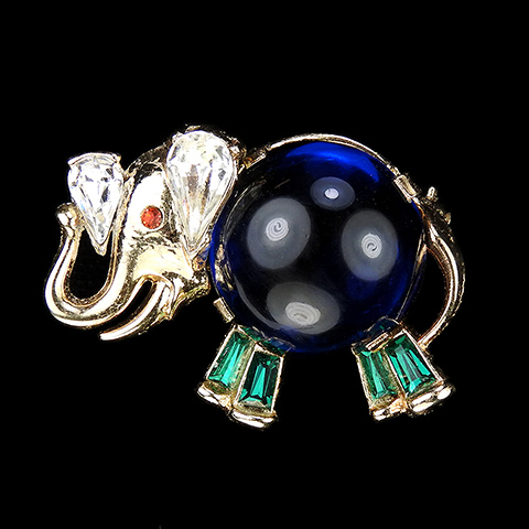 Trifari 'Alfred Philippe' Gold Emeralds and Sapphire Cabochon Elephant Pin