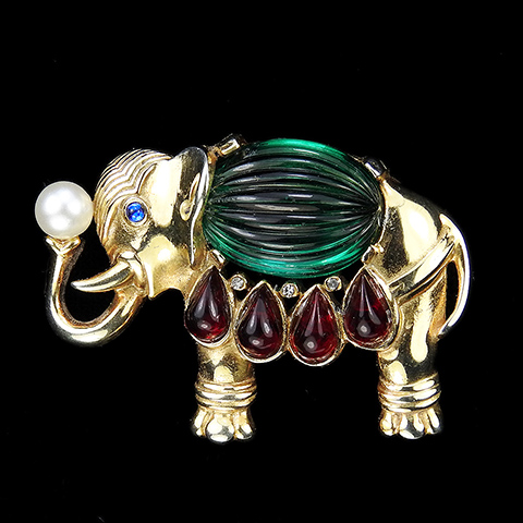 Trifari 'Alfred Philippe' Melon Cut Emerald and Ruby Cabochons 1956 Production Moghul Elephant Holding a Pearl Pin