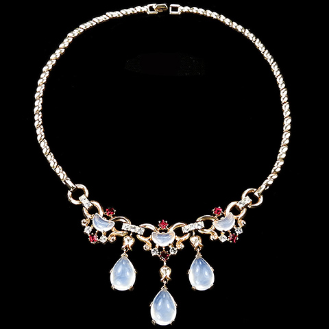 Trifari 'Alfred Philippe' 'Clair de Lune' Gold Ruby Spangles Demilune and Teardrop Moonstones Triple Pendant Necklace