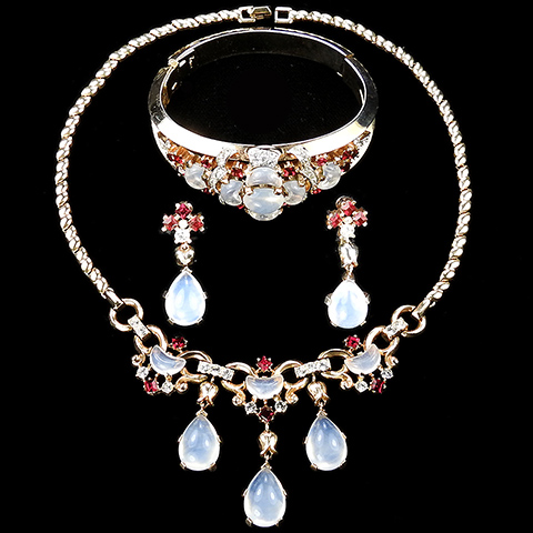 Trifari 'Alfred Philippe' 'Clair de Lune' Gold Ruby Spangles Demilune Teardrop Moonstones Necklace Bangle Bracelet & Pendant Clip Earrings Set
