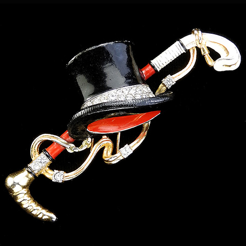 Trifari 'Alfred Spaney' Gold Pave and Enamel Top Hat and Horse Riding Crop Pin Clip