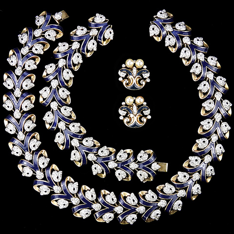 Trifari 'Alfred Philippe ''Empress Eugenie' Gold Pave and Blue Enamel Linked Chevrons Necklace, Bracelet and 'Romantique' Pearl Clip Earrings Set