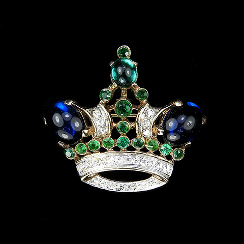 Trifari 'Alfred Philippe' Gold Sapphire Cabochons and Emeralds Medium Royal Crown Pin