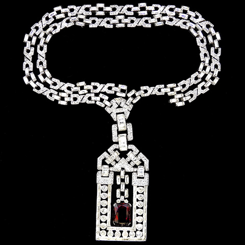 KTF Trifari 'Alfred Philippe' 1930s Jewels of India Pave Baguettes and Table Cut Ruby Trapeze Deco Pendant Necklace