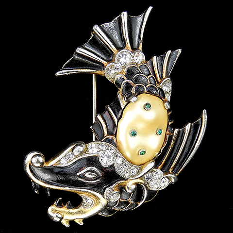 Trifari 'Alfred Philippe' Pave Black Enamel and Pearl Ming Fish Pin Clip